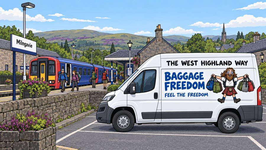 Milngavie station with the Baggage Freedom van