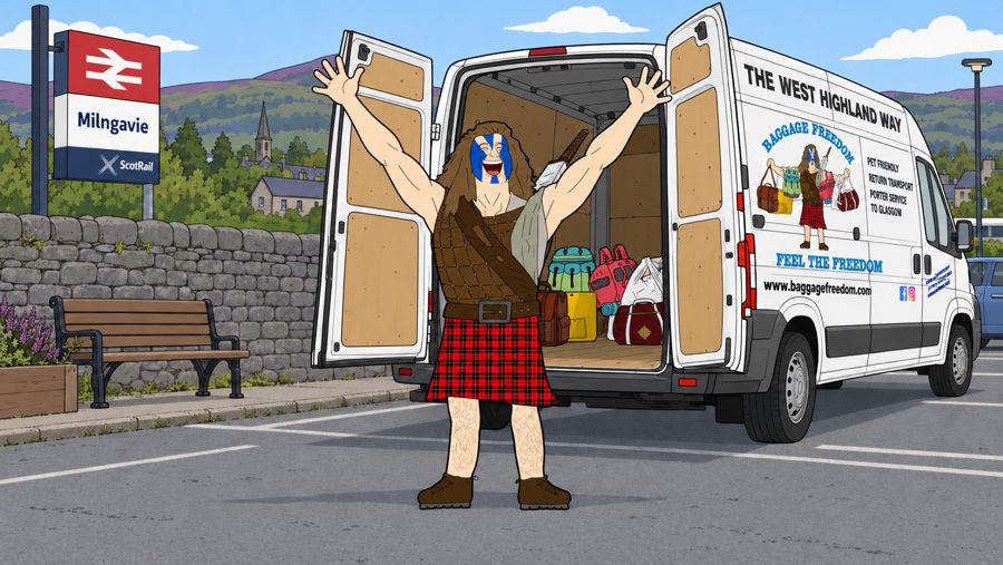 The mascot with every bag loaded in the van