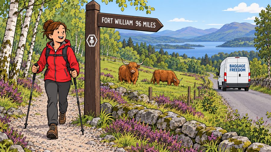 A walker passing the Fort William 96 miles sign